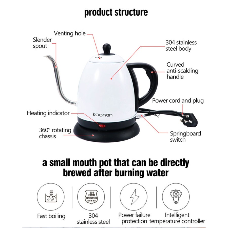 Teko Elektrik Pitcher Teapot Drip Kettle Stainless 1500W 1L - Y12-A2