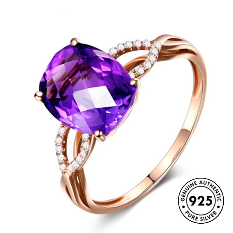 Cincin Lapis Silver 925 Model Terbuka Dengan Batu Amethyst Oval Warna Rose Gold Untuk Wanita