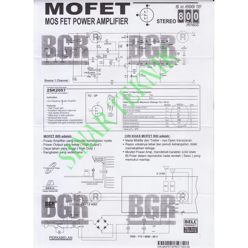 Kit PA. Mosfet 2x400W Bell ( 800W RMS ) Power Ampli Amplifier  Mofet 2x400 800 Watt Stereo Elco Dioda Transistor Toshiba