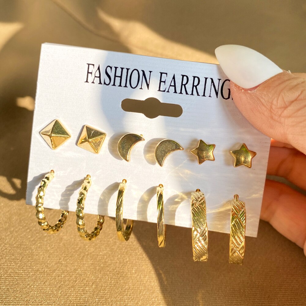 12pcs / Set Anting Hoop Geometris Warna Emas Aksen Mutiara Gaya Vintage Punk Untuk Wanita