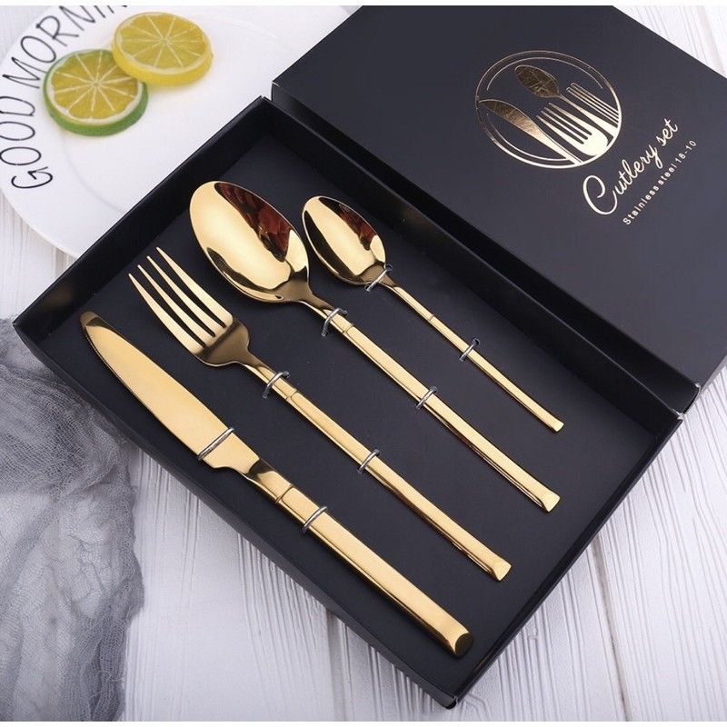 Cutlery Set Golden BNIB Alat Makan Sendok Garpu Knive Tea Spoon Fork Chopstick Gold Pink Black Malang Food Foodies Fancy Pretty Beautiful Round Platter Photograph Photography Premium Quality Stenlis Stenlish Steel Hoki