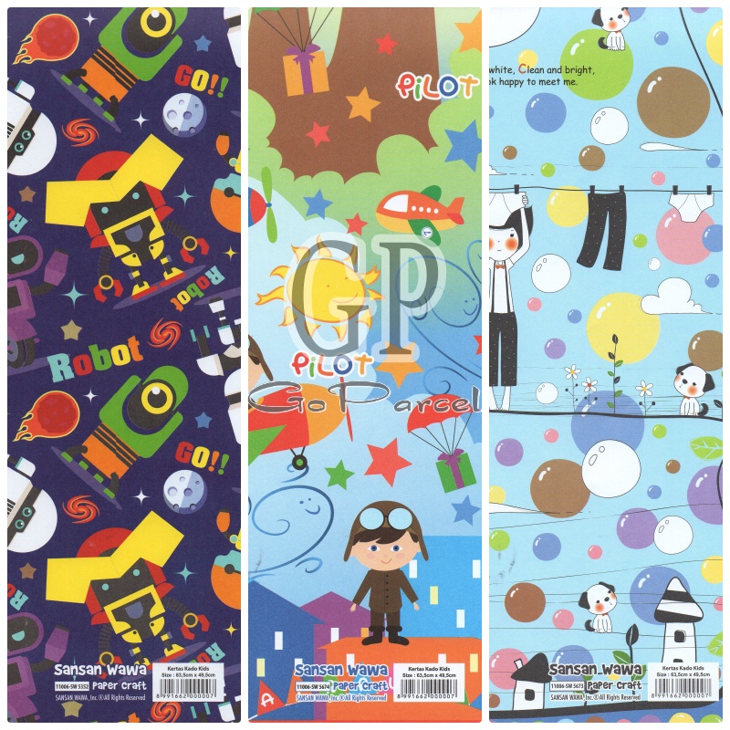 ( 5 Lembar ) BOYS SANWA - KERTAS KADO PILOT PIRATE ROBOT PLANE SANWA  - GIFT WRAP PAPER SANSAN WAWA BAJAK LAUT PESAWAT ROBOT BOY PIRATES