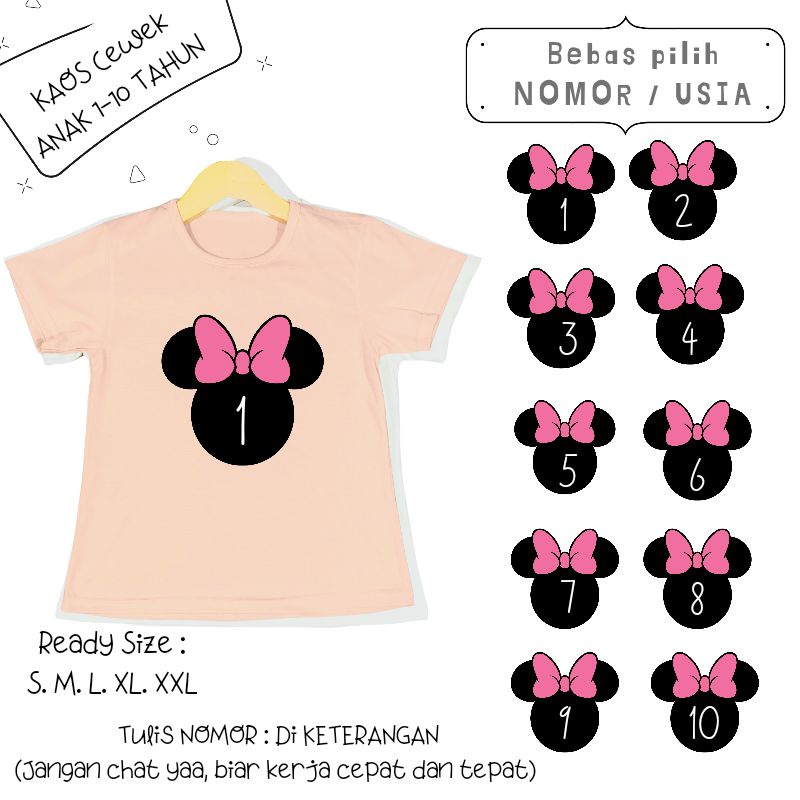 Baju Kaos Anak Cewek 3-12 tahun sampai Dewasa Jumbo MINNIE PITA