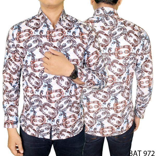 Batik Casual Slim Panjang Katun Putih Coklat – BAT 972