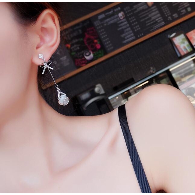 925 Silver Needle Bow Long Earrings Rhinestone Opal Earrings Temperament Round Face Thin Earrings