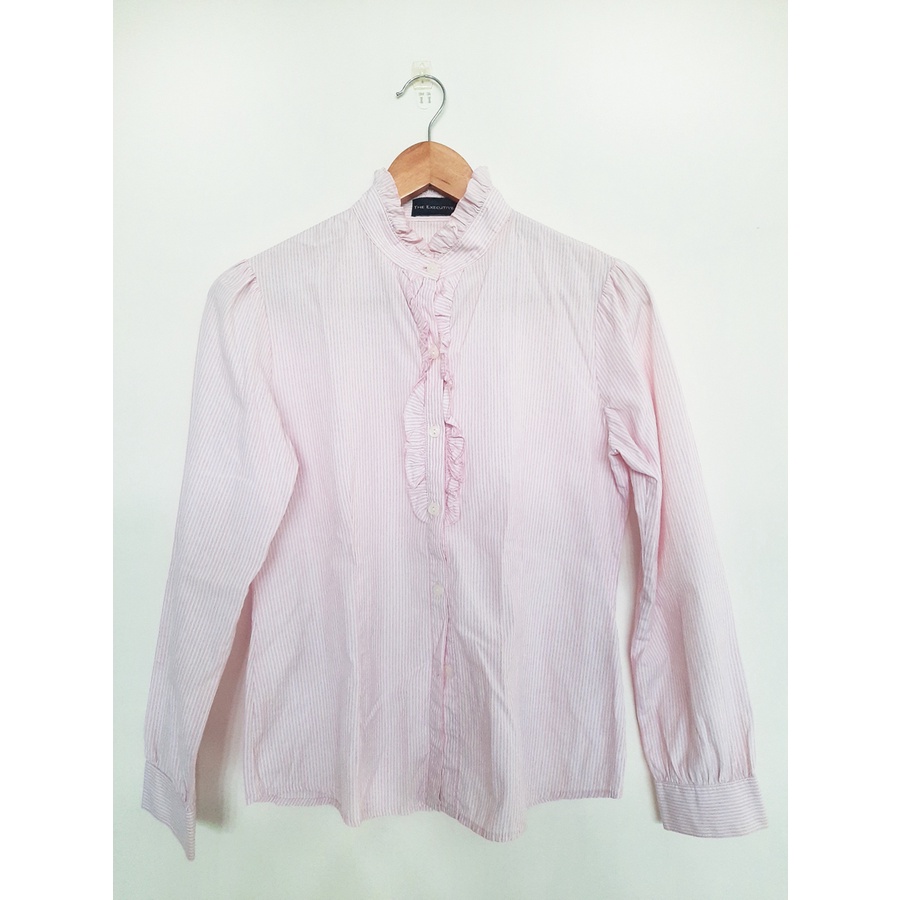 Kemeja Lengan Panjang Kerah Tinggi Pink Garis Wanita