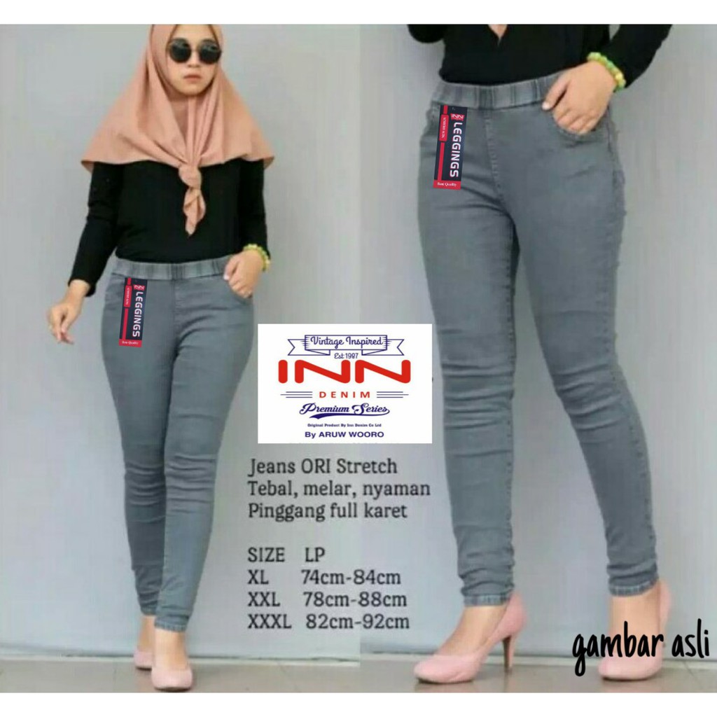 Jegging Jumbo INN DENIM Pinggang Karet Legging Jeans Abu-abu Polos Ukuran 26 sampai 38 Bisa Cod