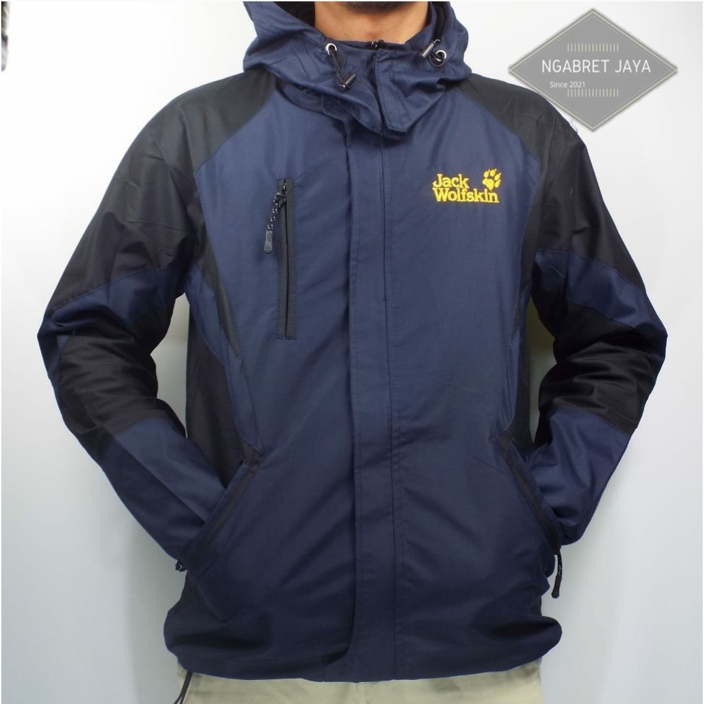 jaket parasut gunung jack wolfskin kombinasi biru dongker navy hitam mountain outdoor
