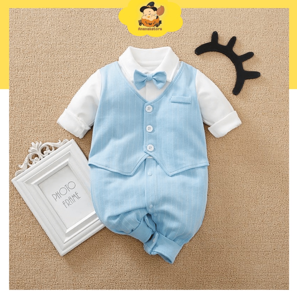 BAJU BAYI 0-6 bulan motif TUXEDO BIRU MUDA / jumper bayi lengan panjang baju bayi import korea baju pesta bayi