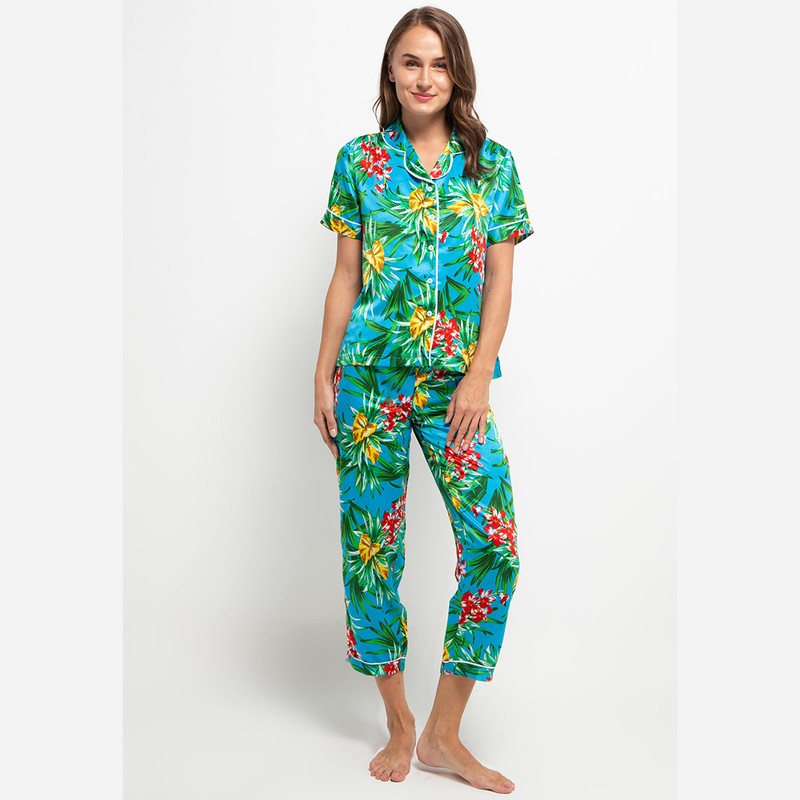 Anne Wintours Pyjama Pijama Satin Silk Short Sleeve Long Pants Sleepwear Wanita