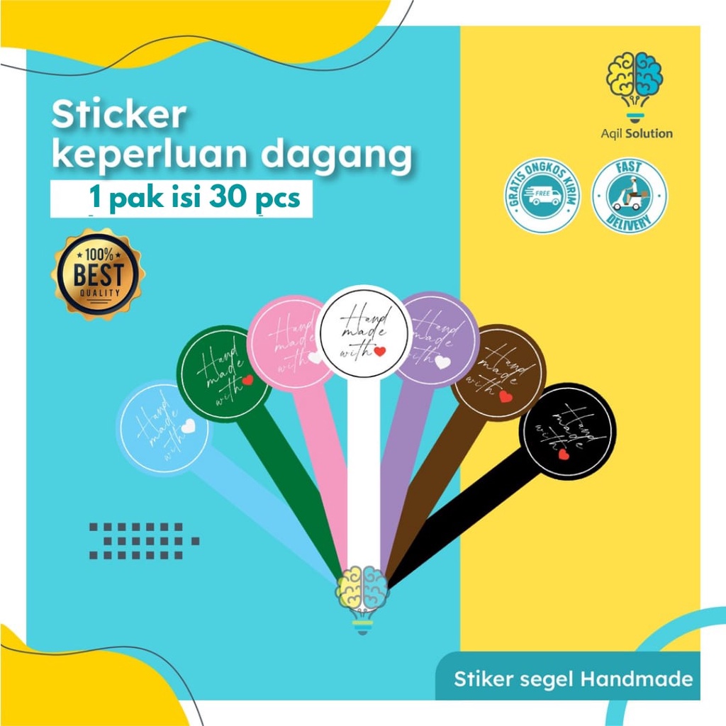 (1pak = 30pcs) Stiker segel Handmade with love, Stiker Kemasan, Stikerq Dus / Toples, Stiker makanan