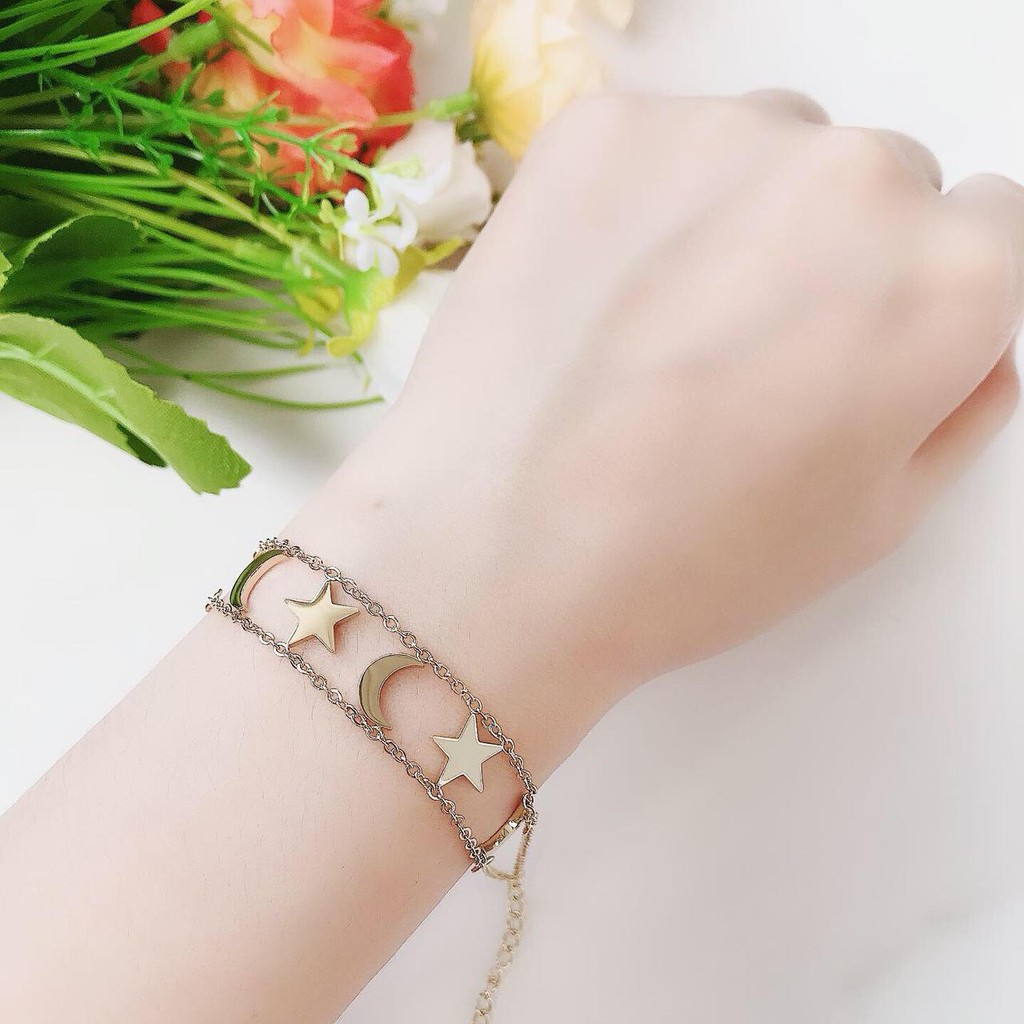 gelang tangan fashion wanita titanium asli anti karat korea style model bulan bintang