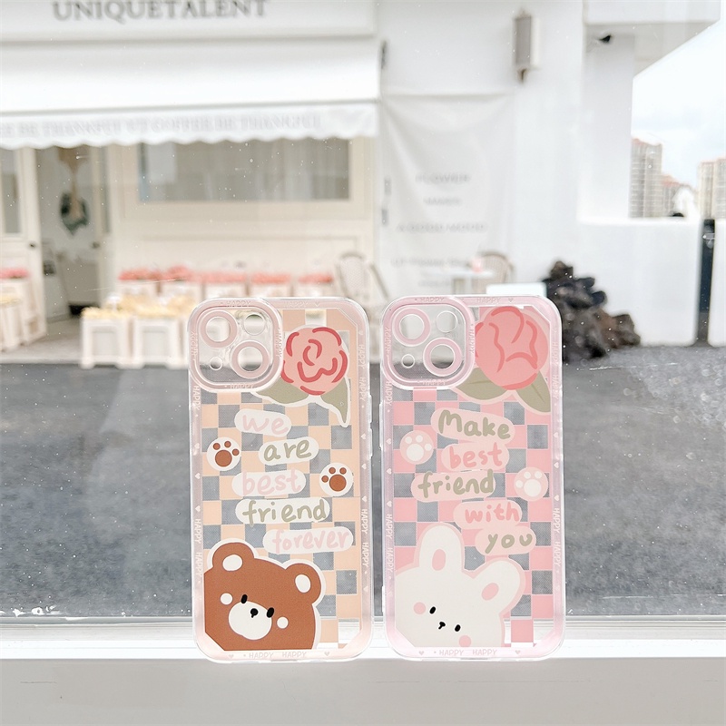 Soft Case Pelindung Lensa Anti Jatuh Motif Kelinci Beruang Kotak-Kotak Untuk iPhone 13 Pro MAX 12 11 X XR XS MAX 7 8 Plus