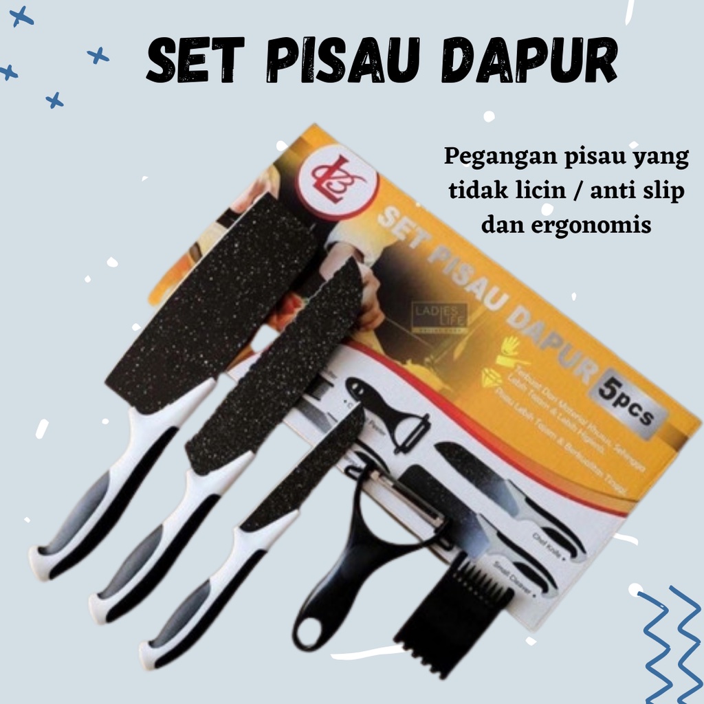 TERBARU!! Set Pisau Dapur isi 5pcs Warna Hitam / Pisau set 5 pcs Kardus