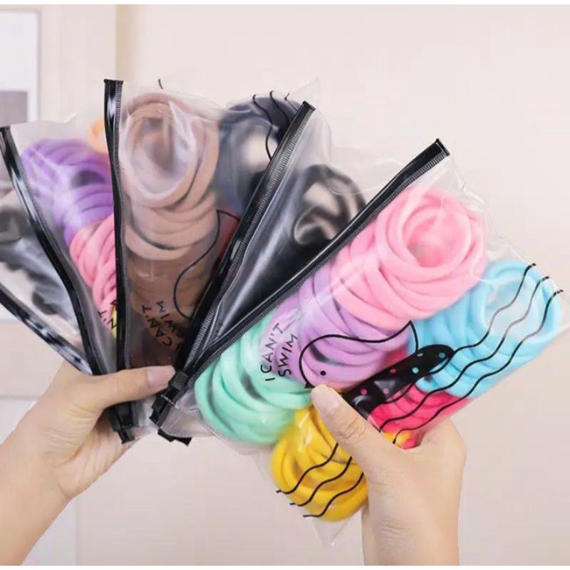 IKAT KARET RAMBUT KOREA DONUT ELASTIS RING BESAR DAN TEBAL ANTI KUSUT + POUCH