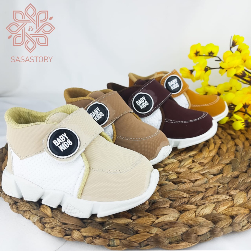 Sasastory Sepatu Sneaker Anak Laki Laki Perempuan Usia 1 2 3 Tahun Krem Maroon Tan Coklat CA19