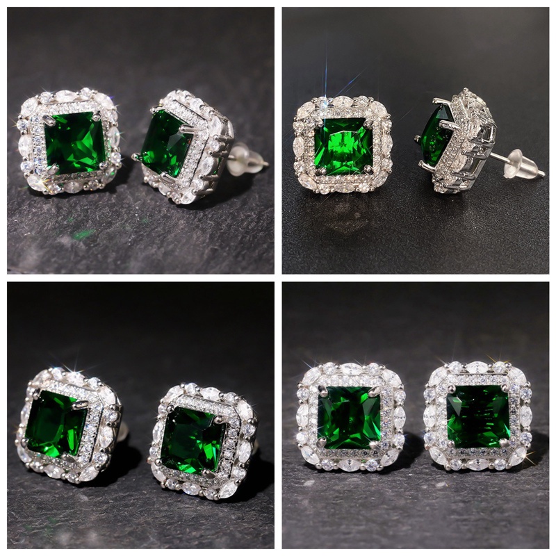 Anting Stud Cubic Zirconia Warna Hijau Gaya Vintage Untuk Wanita