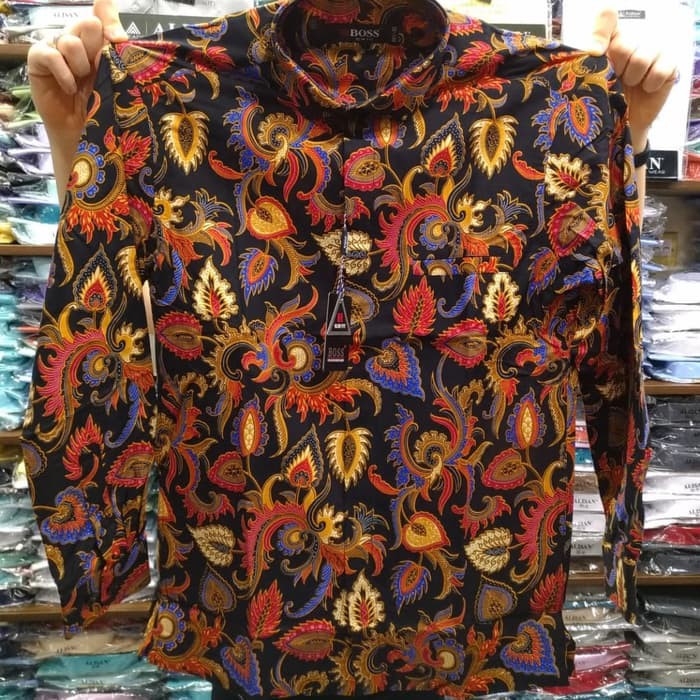 Kemeja Batik boss slim fit panjang Motif Bunga Taman