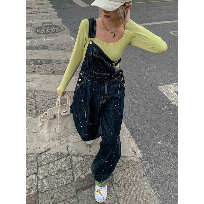 Kunbai ink suspender jeans wanita Amerika retro longgar lurus celana lebar kaki ins celana ramping w