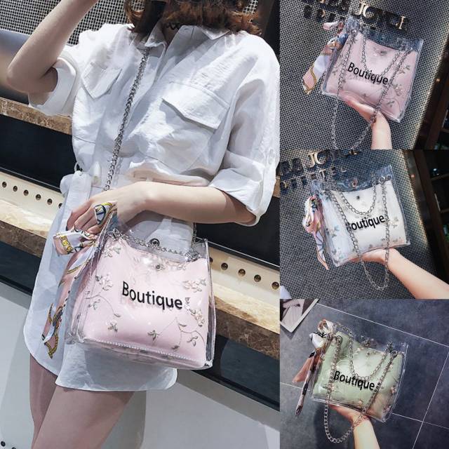 S07890 TAS IMPORT SET 2in1 TRANSPARAN TAS BATAM TAS WANITA TAS FASHION TAS SELEMPANG  SLINGBAG