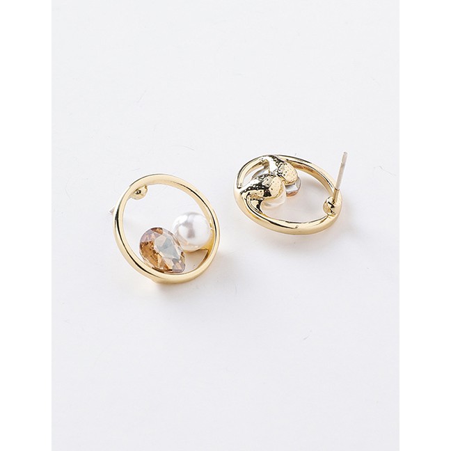 LRC Anting Tusuk Fashion Gold 925 Silver Needle Circle Rhinestone Artificial pearl Earrings D55238