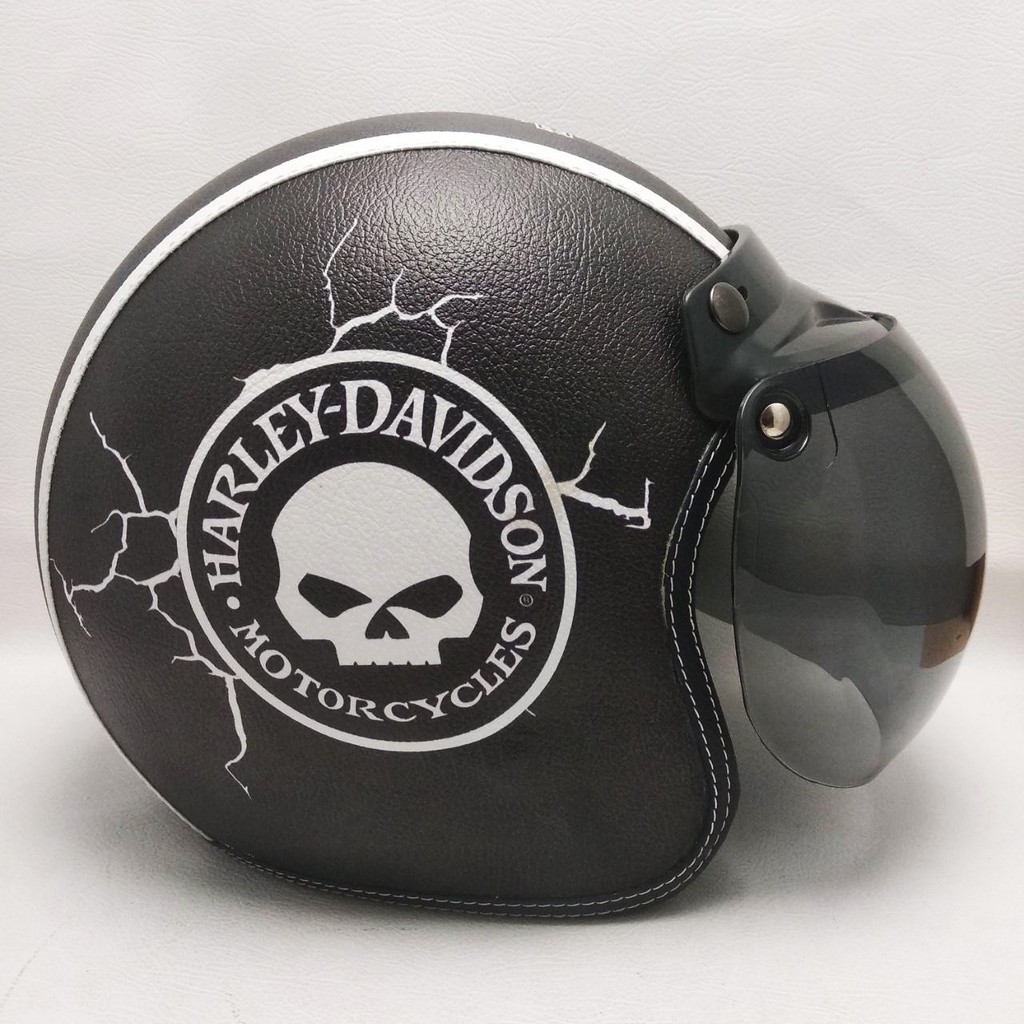 Helm Bogo Retro Kulit Harley Davidson Black Tengkorak Model kaca Bubble Flat Motif Pilihan Unik