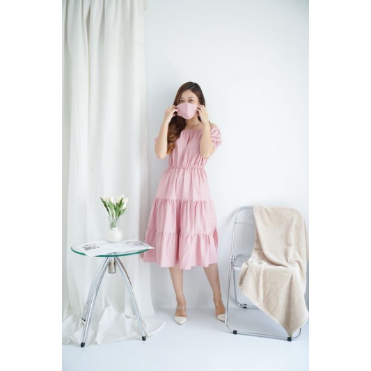 DDC9634 - Nonna Ruffle Midi Dress  bahan Cotton linen HQ