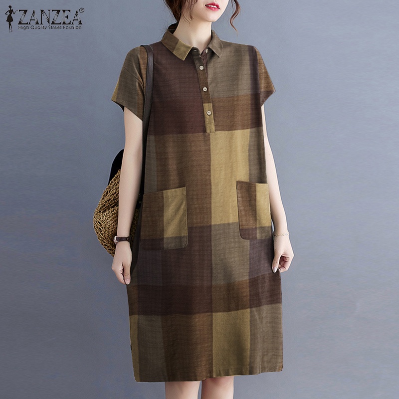 ZANZEA Womens Check Short Sleeve Turn-Down Collar Casual Loose Midi Dress