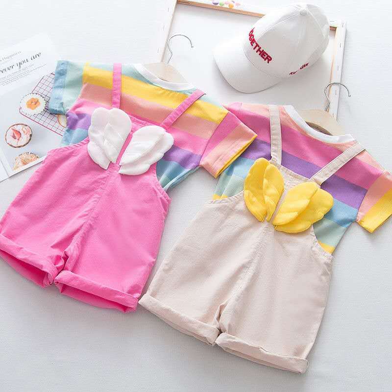 KF Cat Setelan anak perempuan jumpsuit+kaos garis garis lengan pendek sayap malaikat set anak cewek import-3