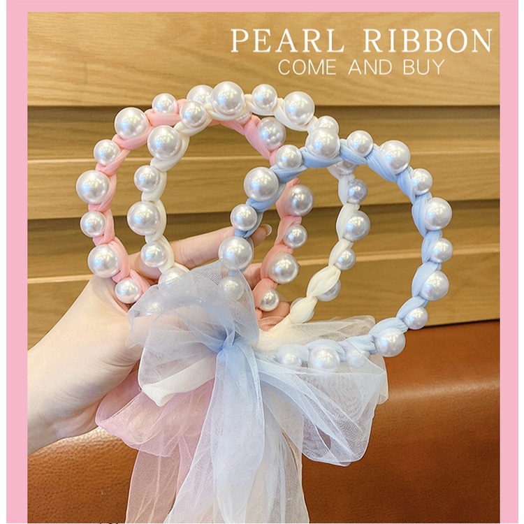 (Pimenova) bando anak bando anak cantik bando anak Bandana Mutiara Pita Tulle Panjang Bisa diikat Gaya Korea Bando Anak Import