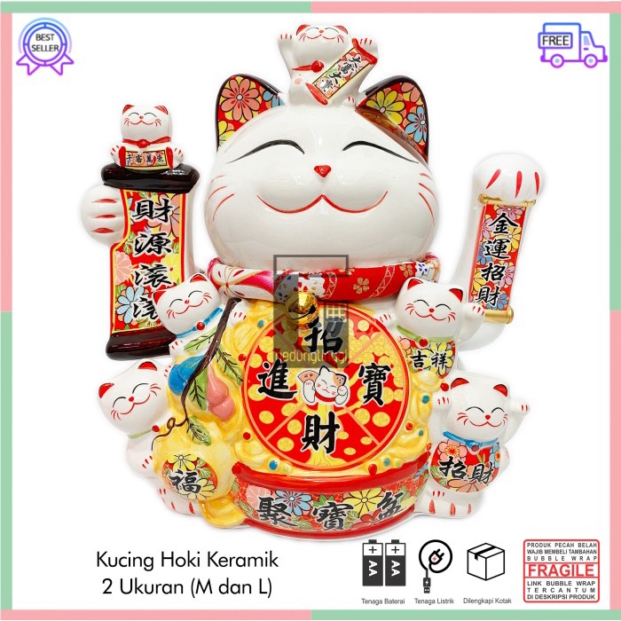 Pajangan Patung Hiasan Dekorasi Boneka Kucing Panggil Rejeki Rezeki Hoki Maneki Neko Maneko Neki ManekiNeko Lucky Cat Keberuntungan Keramik Baterai Batrai Batre Listrik Tangan Gerak Goyang Hias Meja Etalase Toko Kantor Resto Cafe Murah Cina China Jepang