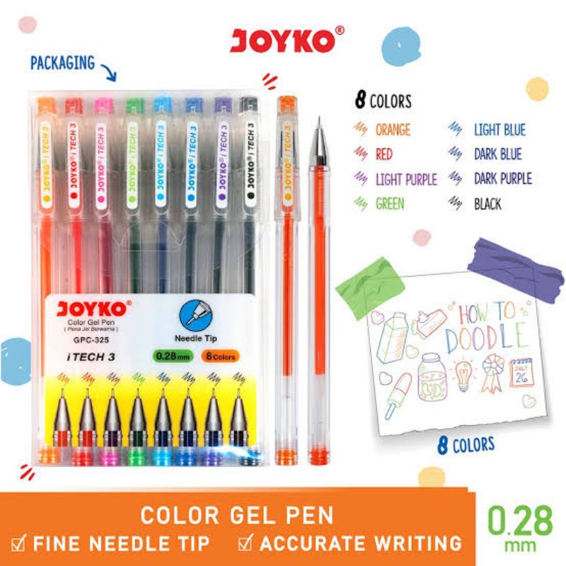 

COLOR GEL PEN PULPEN PENA JOYKO GPC-325 iTech3 | 1 SET 8 WARNA 0.28 mm