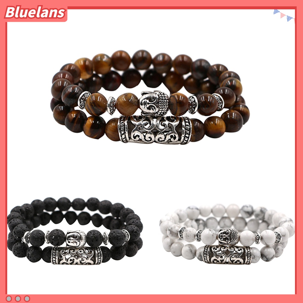 2pcs Gelang Manik-Manik Batu Alam Desain Kepala Buddha Untuk Unisex