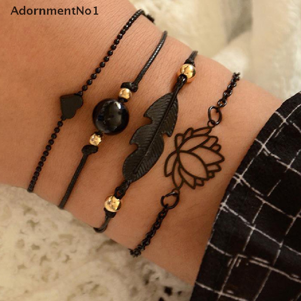 (AdornmentNo1) 4pcs / set Gelang Tangan Rantai Gaya Boho Motif Bulu / Bunga Teratai / Geometri Untuk Wanita