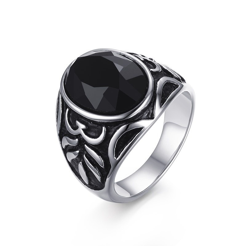 Cincin Desain Bunga Bulan Sabit Bahan Stainless Steel Hias Kristal Onyx Hitam Gaya Vintage Untuk Pria