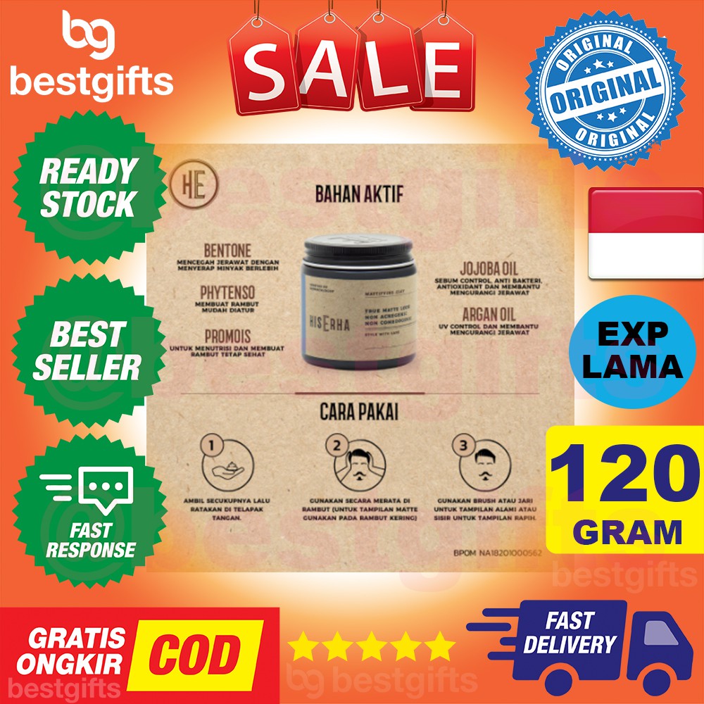 HIS ERHA MATTIFYING CLAY POMADE TRUE MATTE LOOK GEL JEL RAMBUT PRIA HOLD KUAT TIDAK KILAT 120 GRAM