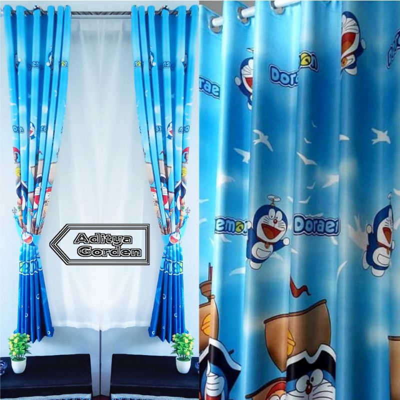 Hordeng Jendela Gorden Pintu Minimalis Karakter doraemon biru Bahan Blackout Motif Import Model smok