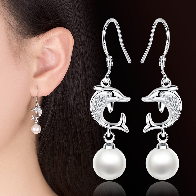 Anting Perak 925 Wanita Lumba-lumba Panjang Perhiasan Fashion