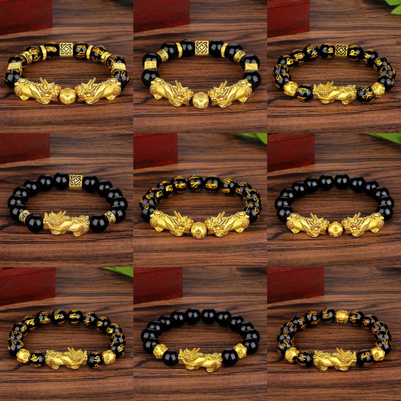 Gelang Pixiu Emas 3D Pria / Gelang manik-manik batu akik Buddha