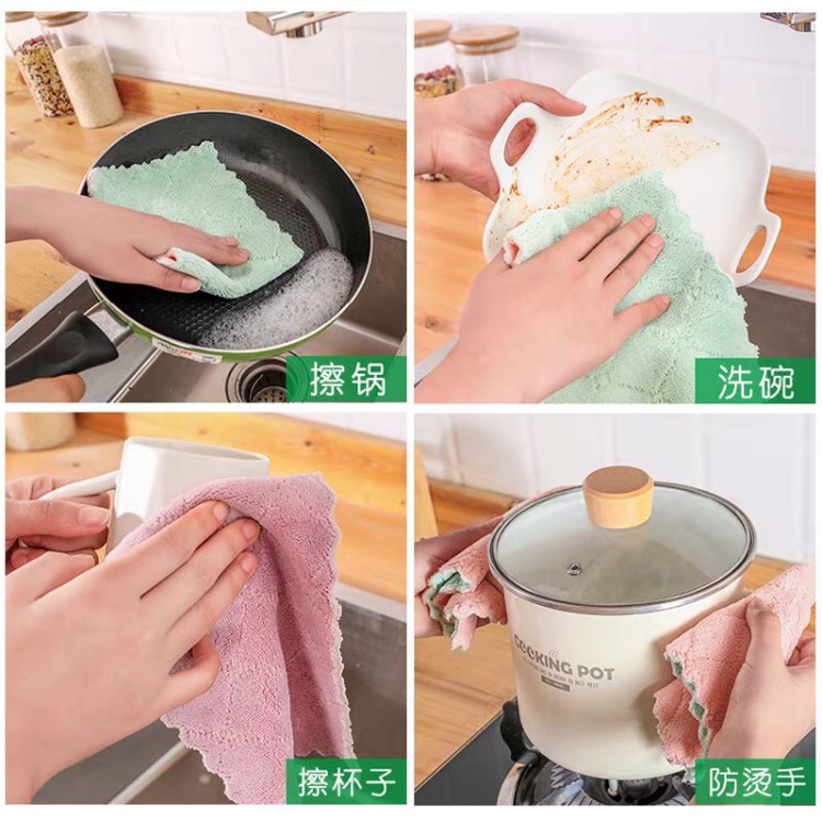 Kain lap dapur microfiber serap air kain lap piring anti minyak bahan coral fleece 24cmx15cm