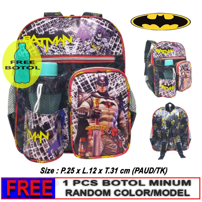 Tas Ransel anak Sekolah PAUD/TK karakter BATMAN free botol // Tas ransel BATMAN