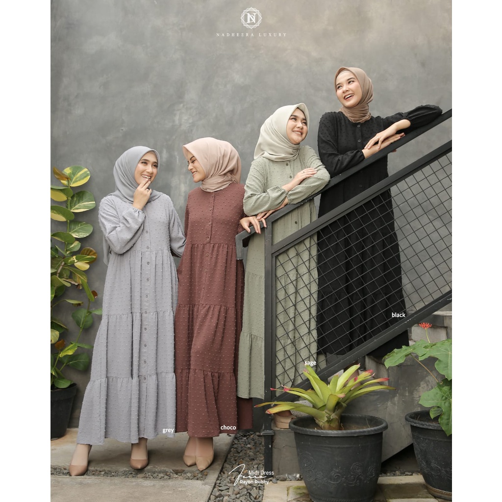Ferre Midi Dress by Nadheera Luxury/ Dress terbaru nadheera/rok susun ruffle katun/Busui friendly