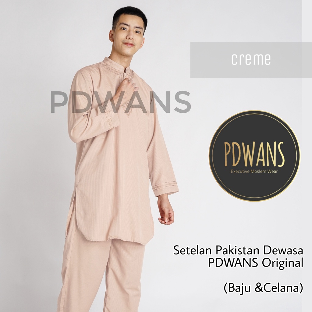 SETELAN PAKISTAN DEWASA Seri WARNA Baju Koko Bordir Muslim BAJU UMROH Pria - PDWANS PAKISTAN-WRN-CREME