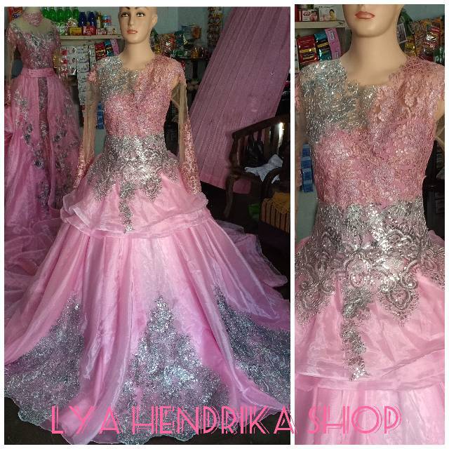 Baju pengantin pink muda kombinasi silver