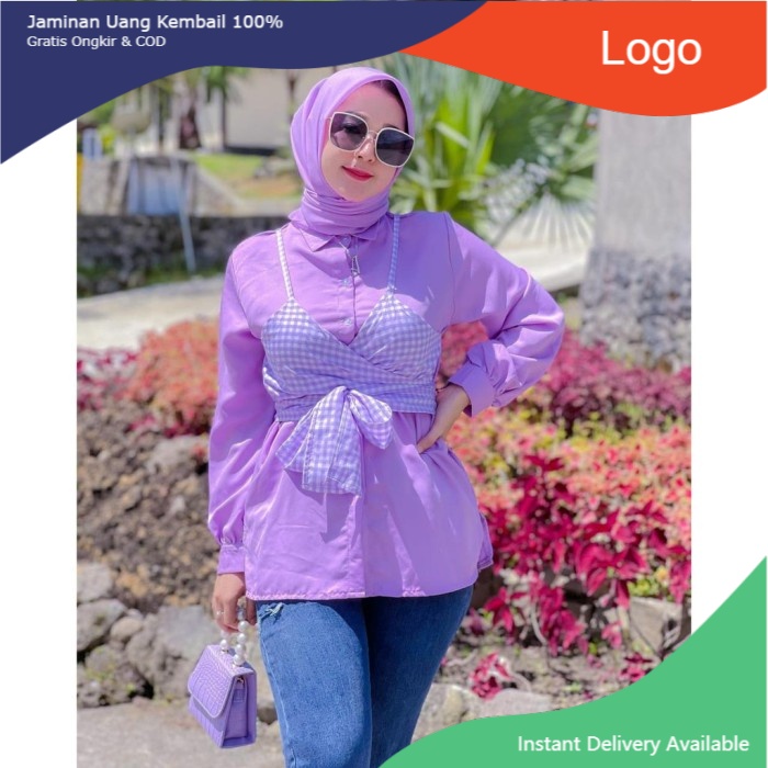 Doli Tunik Atasan Baju Muslim Wanita 2in1 Free Rompi Katun Kotak Lila