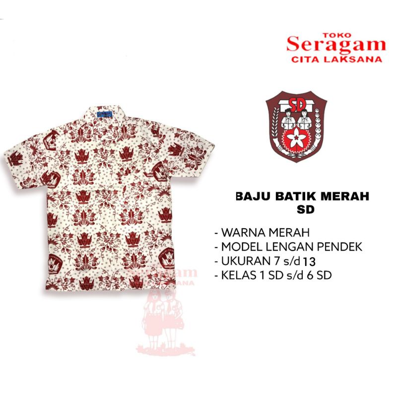 Seragam Sekolah Baju SD Batik Merah Lengan Pendek