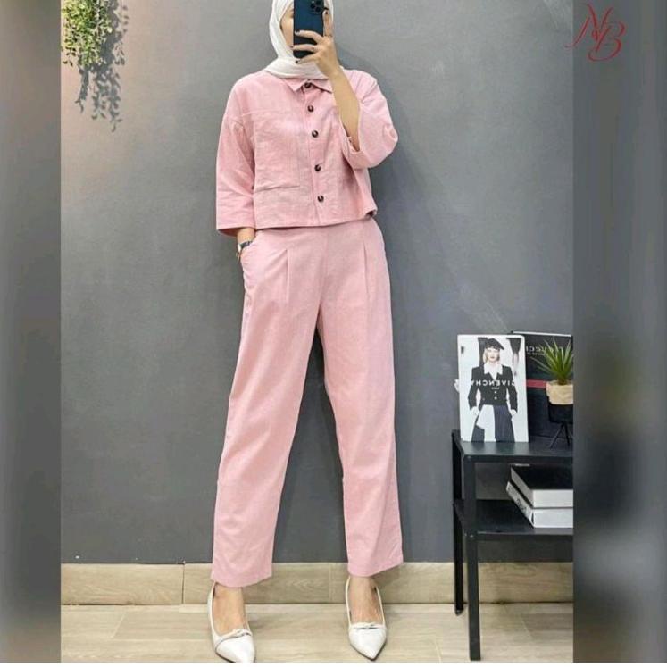 SALEE.. fazio set top+pants one set setelan wanita linen rami