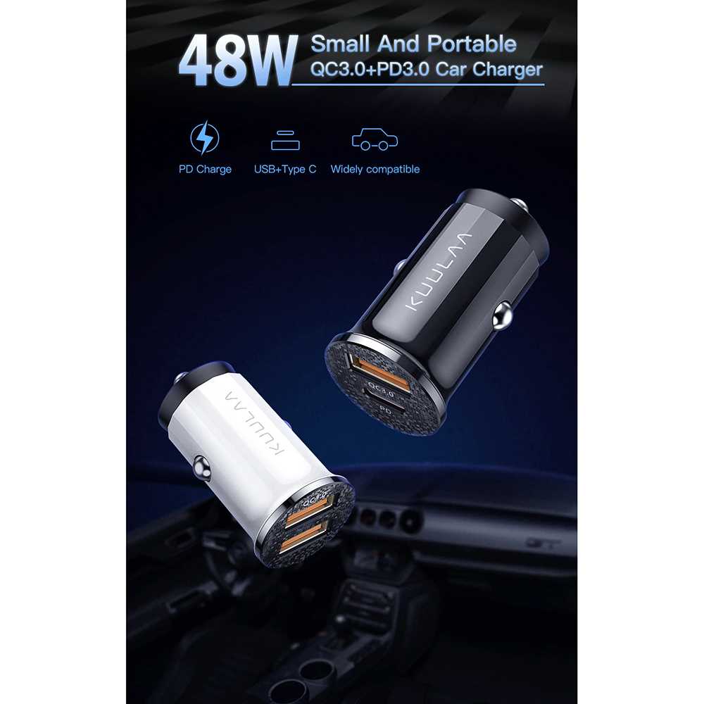 KUULAA Car Charger Mobil USB 2 Port USB Type C QC3.0 48W - A318-Hitam