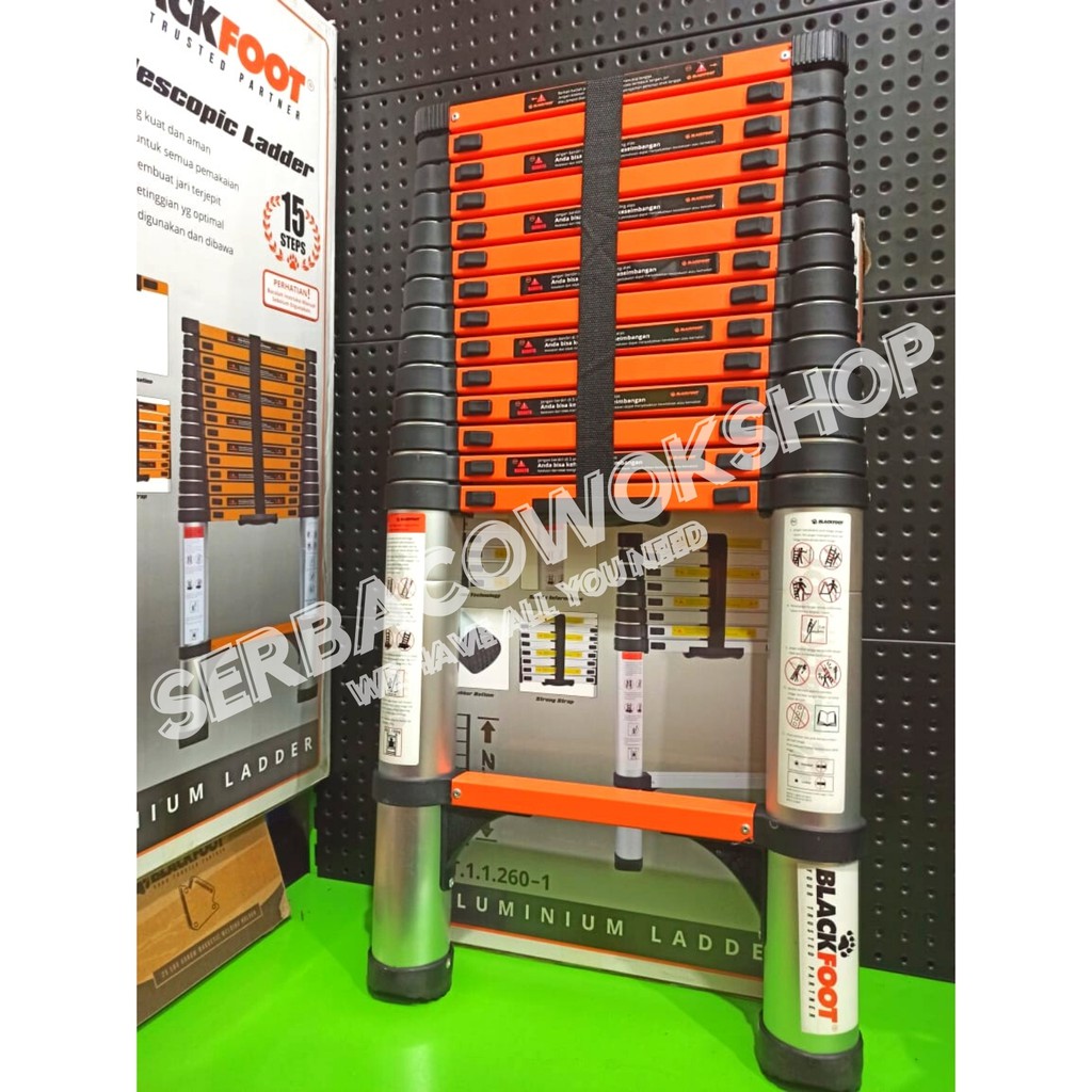 Tangga Aluminium Teleskopik 4.4 M - 15 Steps Single Telescopic Ladder Max 150 Kg Serbaguna Termurah