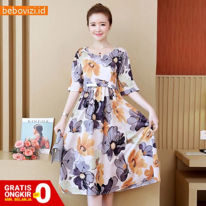 Dress Jumbo 5Xl Longgar Midi Korean Casual Lengan Pendek Wanita Dinner